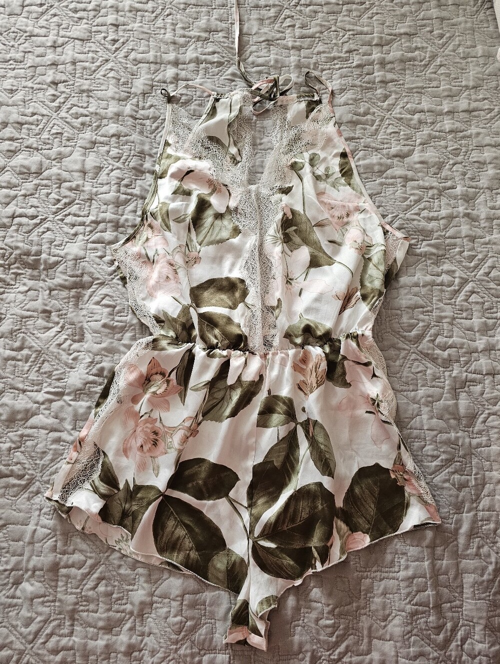 Victoria's Secret Floral Lace-Trim Halter Romper in Pink & Green